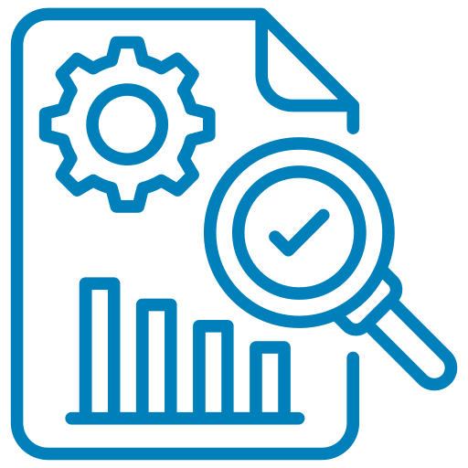 bar chart document with tick, cog and magnifying glass